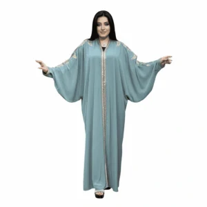 Silk Abaya with Gold Trim & Embroidered Wide Sleeves