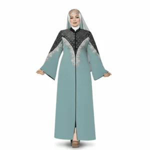 Silk Abaya with Black Geometric Embroidery & Wide Sleeves