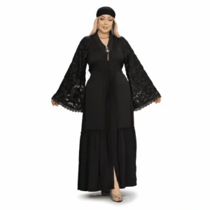 Classic Silk Abaya with Lace Wide Sleeves