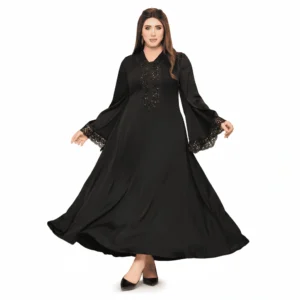 Abaya with Embroidered Chest & Lace Sleeves