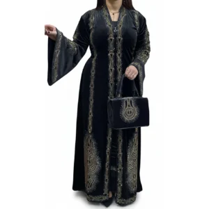 Luxury French Velvet Abaya Set (3-Piece) – Italian Crystal Embroidery