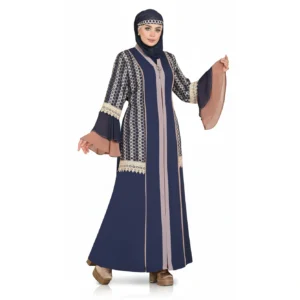 Luxury Silk Patterned Abaya with Lace Details & Layered Sleeves