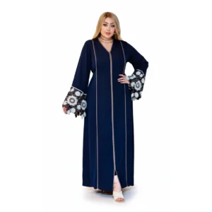Luxury Silk Abaya with Floral Lace Sleeves & Elegant Back Embroidery