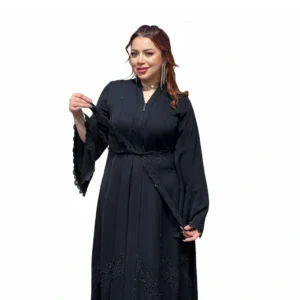 Elegant Black Gulf Abaya with Lace Embellishment – Luxury Modest Abaya