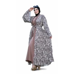 Luxury Two-Piece Printed Silk Abaya Set – Elegant Flowing Open Abaya