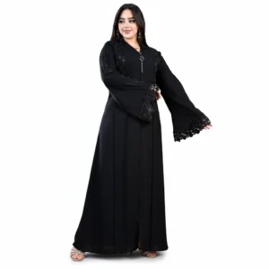 Elegant Black Gulf Abaya with Floral Lace Sleeves